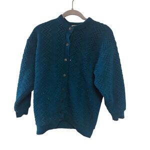 Vintage 60s SESSY ORIGINAL Teal Chevron Knit Button Front Cardigan Sweater Women